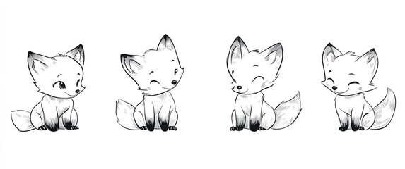 Obraz premium Set of lovable hand-drawn foxes in line art vector style featuring a cute fox kit icon ideal for whimsical and nature-inspired designs