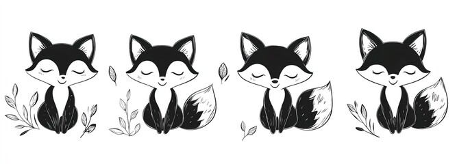Fototapeta premium Set of lovable hand-drawn foxes in line art vector style featuring a cute fox kit icon perfect for nature-themed designs and animal illustrations
