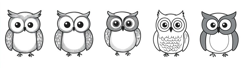 Fototapeta premium Set of endearing hand-drawn owls in line art vector style featuring intricate details in the feathers and eyes ideal for minimalist nature designs