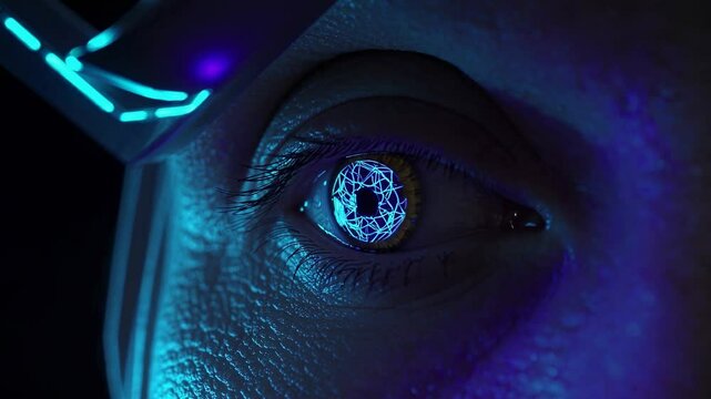 Close-up of a woman wearing a futuristic visor, with digital lines projected inside her eye, creating a futuristic and technological atmosphere