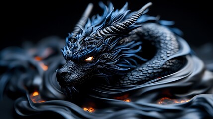 Majestic blue dragon sculpture in dark setting, flames below, fantasy art, game asset