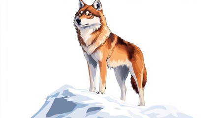 Obraz premium Majestic Reddish Brown Wolf Standing on Snowy Mountain Peak