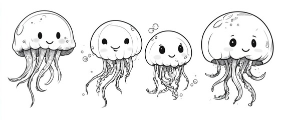 Obraz premium Set of endearing hand-drawn jellyfish in line art vector style featuring elegant and smooth shapes ideal for marine illustrations