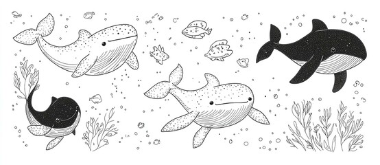 Obraz premium Set of cute hand-drawn whales in line art vector style showcasing whales in various poses perfect for ocean-themed designs marine life illustrations and children’s art