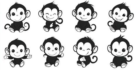 Fototapeta premium Set of cute hand-drawn monkeys in line art vector style featuring playful baby monkeys.