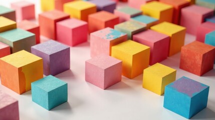 Obraz premium Pastel-colored cubes arranged in an abstract pattern, showcasing a vibrant and playful composition of geometric shapes on a neutral background.