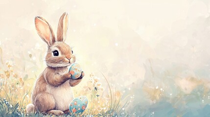Adorable bunny painting eggs with vibrant floral patterns in a meadow
