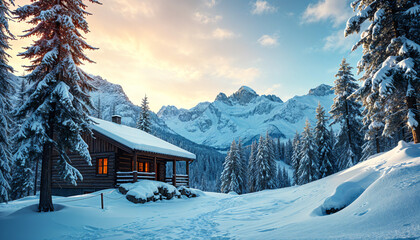 Mountain cabin surrounded by snow