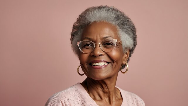 elderly african female in casual wear on pastel color background model portrait smiling for ad concept space for text