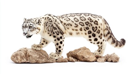 Obraz premium Majestic Snow Leopard Walking on Rocks Against White Background