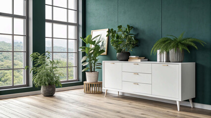 3D rendering of a white cabinet with plants on a wooden floor and navy green wall background in a modern living room interior mock up in a minimal style, empty space for text or product display