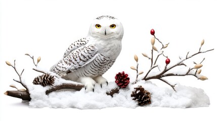 Fototapeta premium Majestic Snowy Owl Perched on Snow Covered Branches