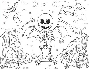 halloween cartoon coloring page for kids or adults skeleton and bat. you can print it on 8.