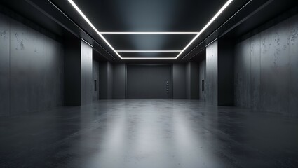 An empty interior hall with a long, light-filled perspective along the wall