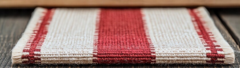 A rustic woven placemat with red and beige stripes on wooden table surface.