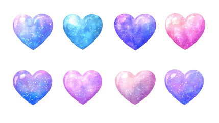 Eight colorful galaxy heart designs for creative projects, isolated on a transparent background. PNG