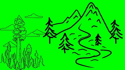 Obraz premium Geometric stamp Lineart Mountain Landscape Hiking Trail Sketch Drawing symbol illustration Tattoo aesthetic, Mono line art drawing on green background 