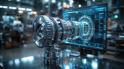 Futuristic Mechanical Engine with Digital Overlays. Generative AI