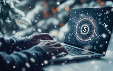 Businessman using a laptop and social media icons with a target icon and money sign on a virtual screen for a marketing plan or digital business idea concept in an office background