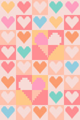 Valentine pixel art design. Yellow, black, red and pink Valentine heart pattern with pixel art design. Celebrating loves ,anniversary and Valentines day. Pixel art pattern for gift wrap and postcard.