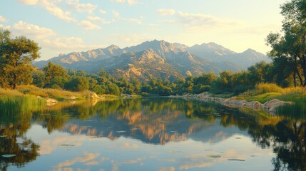 Mountain lake reflections serene landscape