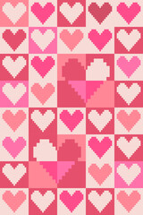 Valentine pixel art design. Yellow, black, red and pink Valentine heart pattern with pixel art design. Celebrating loves ,anniversary and Valentines day. Pixel art pattern for gift wrap and postcard.