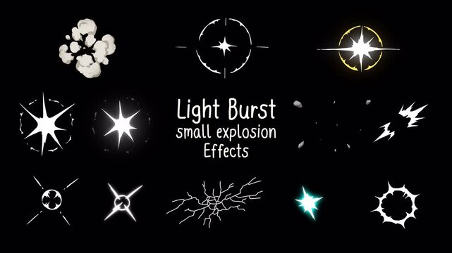 Set of light burst and small explosion effects, Len flare pop glow, radiant ray vfx, smoke, pebble wall break, fragments, impact anime style, wink, Hand-drawn animation on a transparent background
