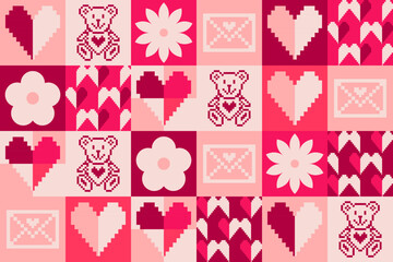 Valentine pixel art design. Yellow, black, red and pink Valentine heart pattern with pixel art design. Celebrating loves ,anniversary and Valentines day. Pixel art pattern for gift wrap and postcard.