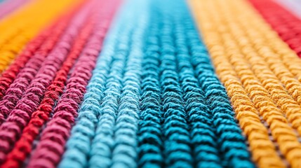 Close-up of vibrant knitted fabric with colorful stripes showcasing intricate texture.