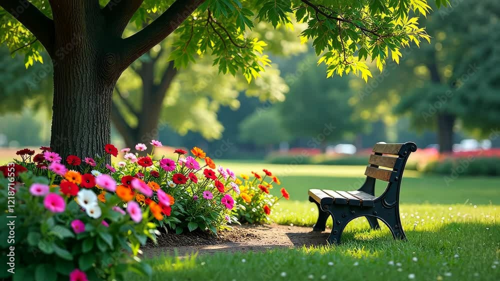 Poster A bench is in a park with a tree behind it. The bench is black and there are flowers in the background