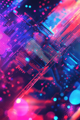 A vibrant halftone background with grungy dots fading into the edges, blended with neon cyberpunk accents and glowing circuit patterns. 