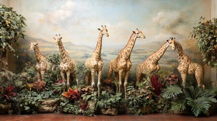 Fototapeta premium Giraffes in a Natural Exhibition Surrounded by Lush Foliage