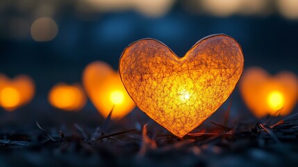 Fototapeta premium Glowing heart lanterns at dusk in a serene outdoor setting