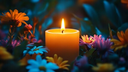 Glowing candle surrounded by colorful blossoms in tranquil garden setting