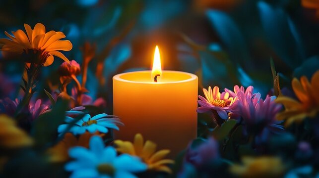 Glowing candle surrounded by colorful blossoms in tranquil garden setting