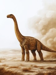 Sauropod dinosaur desert dust storm prehistoric landscape