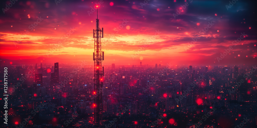Poster telecommunication tower with ai-driven defect detection for operational efficiency at sunset