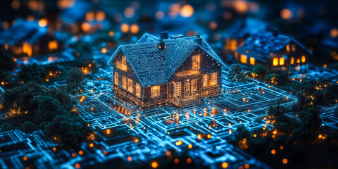 Futuristic Smart Home Technology Concept with AI-Driven Ecosystem and Digital Network Visualization