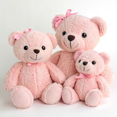 Three pink teddy bears of different sizes are sitting side by side. They are all wearing pink bows and have a friendly expression