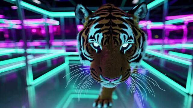 Several tigers are pacing inside individual glass enclosures outlined with vibrant neon lights, creating a futuristic and captivating zoo environment
