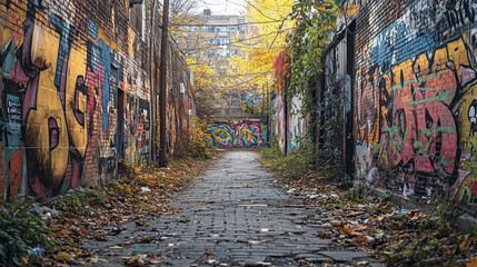 Fototapeta premium Urban Alleyway with Colorful Graffiti and Leaves