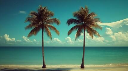 Obraz premium Tropical paradise: twin palm trees by the ocean with blue sky and white clouds in the background