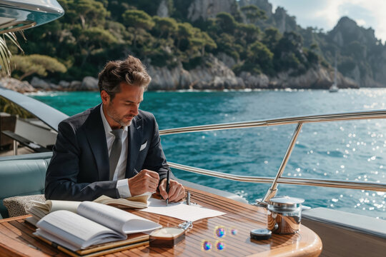 Businessman working on luxury yacht near capri island