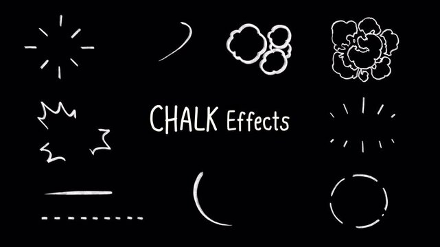 Set of chalk effects, poping radiant ray vfx, smoke, running underline, smoke, round circle swoosh, Hand-drawn pencil animation on a transparent background, alpha channel