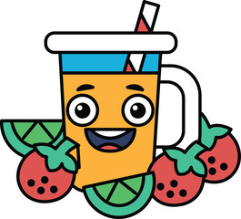 A cartoon character is smiling and holding a cup with a straw