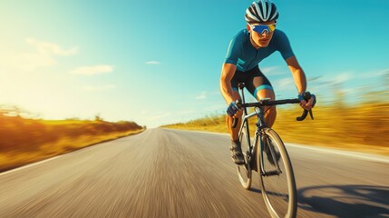 Obraz premium Intense road cyclist training on winding country road outdoor action shot bright environment dynamic viewpoint