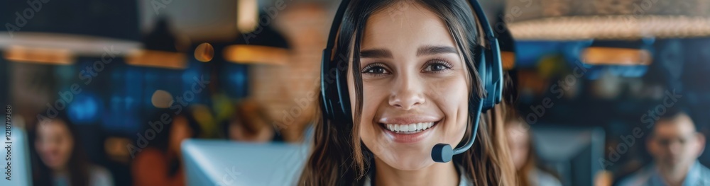 Poster in a contemporary call center, a female customer service representative collaborates with colleagues
