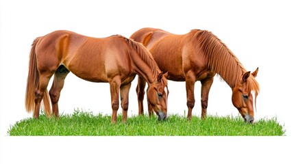 Fototapeta premium Three Brown Horses Grazing in a Lush Green Pasture