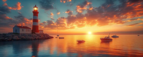 Fototapeta premium Serene Sunset at the Lighthouse: A Coastal Masterpiece