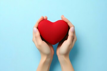 Fototapeta premium hands holding red heart health care love organ donation mindfulness wellbeing family insurance and CSR concept world heart day world health day world mental health day praying concept